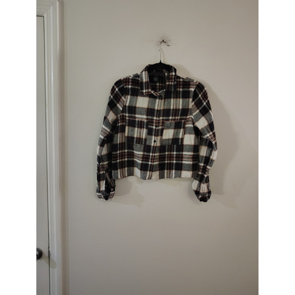 Polly & Esther Black White Orange Plaid Cropped Flannel Shirt Small RN137908